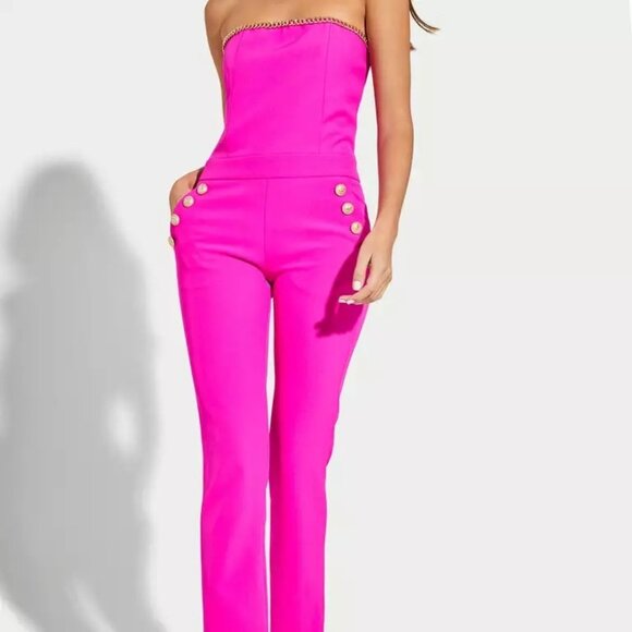 Generation Love Pants - NWT Generation Love Alexis Crepe Pink Jumpsuit Size L Stretch Gold Chain $345